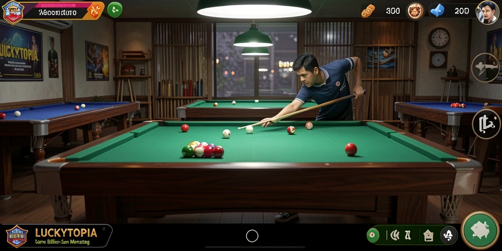 Screenshot LUCKYTOPIA menampilkan tim billiard yang menarik.